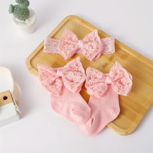 TEMU 봄/가을 레이스 아기 귀여운 스위트 리본 양말 + 리본 머리띠 1세트, 풀, 1세기 선물로 적합