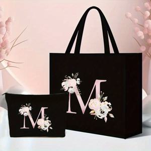 TEMU 2개 세트 핑크 꽃 글자 패턴 토트백 - 가벼운 삼베 소재와 귀여운 동전 지갑 - 쇼핑, 여행 및 해변에 완벽 - 내구성 있고 다용도