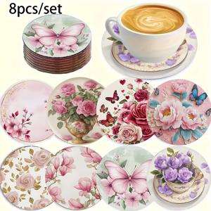 TEMU 8개 컬러풀 나비 꽃 내열 합성 목재 코스터, 미끄럼 방지 주방 액세서리 세트, 휴일 홈 장식, 축제 테이블웨어 선물 세트 커피 테이블용 목재 코스터 결혼 시즌 파티 장식 선물에 적합 - 10cm/3.94인치