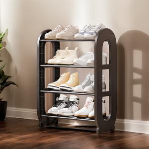 TEMU 4층 현대적인 신발 선반 - 내구성 있는 플라스틱 및 금속 프레임, 입구 및 작은 공간을 위한 공간 절약 디자인 | 세련된 검정색 및 흰색 정리함, 아파트 및 거실에 완벽한 신발 보관 정리함