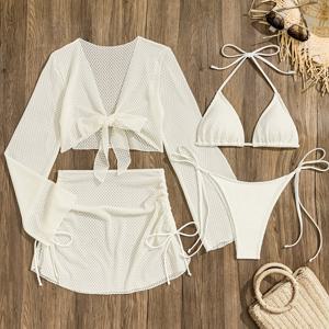 TEMU 블랙 앤 화이트 여성 비키니 세트 4피스 커버업 랩 스커트 포함, 패셔너블한 고급 수영 바캉스 해변 여성 수영복