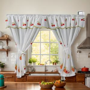 TEMU 1세트 간편한 작은 신선한 주방 커튼 자수 이중 레이어 이중 개방 과일 짧은 커튼 거실 침실 주방 칸막이 창문 스크린 커피 커튼