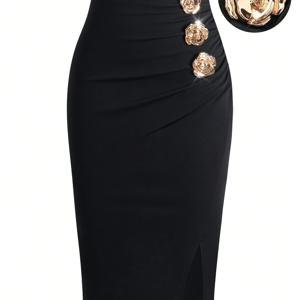 TEMU 여성 슬릿 디자인 우아한 슬림 A라인 무릎 길이 스커트 레트로 프렌치 스타일 여성 캐주얼 편안한 데일리 다용도 메탈 플라워 장식 프론트 슬릿 A라인 스커트