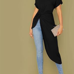 TEMU 여성용 우아한 오프숄더 디테일 아сим메트리 밑단 티셔츠 - 단색 블루, 세탁기 사용 가능, 여름 시크 스타일