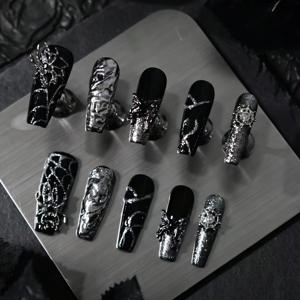TEMU 10개입 핸드메이드 프레스드 네일, 봄 여름 네일, 인조네일, DIY, 실버 인레이 디자인, 다크 네일 액세서리, 블랙 네일, 웨딩, 무대, 파티, 휴가, 여행 장면에 적합한 여성용 네일