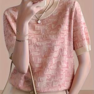 TEMU 여성용 우아한 아이스 실키 섬유 반팔 티셔츠 - 라운드넥 단색 탑, 적당한 신축성의 가벼운 사계절 캐주얼 & 포멀웨어 블라우스, 세련된 소프트 텍스처 의류