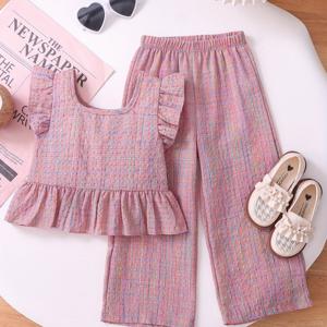 TEMU 여아용 여름 컬러풀 체크무늬 라운드넥 러플 소매 헴 + 패치워크 캐주얼 긴바지 세트 2pcs, 야외 활동에 완벽