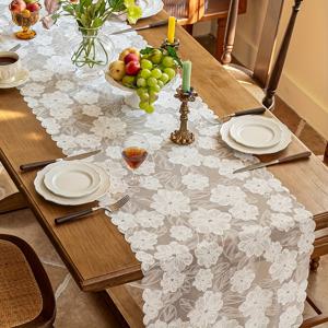 TEMU 화이트 레이스 테이블 러너 1개, 프렌치 스타일 镂空 롱 스트립 장식용 패브リック, 가정용 거실, 결혼식, 파티, 식탁, 커피 테이블, 티 테이블, 사이드보드, 테이블보, 커버 천, 장식용
