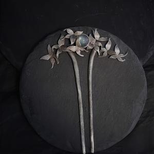 TEMU 빈티지 플로럴 스타일 물방울 모양 문스톤 느낌 회청색 스톤 머리핀 - 레트로 잎사귀 & 가지 디자인 머리 브로치, 웨딩, 프롬, 일상용 머리핀 (깃털 없음)