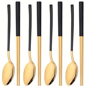 TEMU 8피스 스테인리스 스틸 식기 세트 (젓가락 & 숟가락 포함) - 미러 스시 티스푼, 디저트 스푼, 서빙용 식기, 가정, 주방, 레스토랑, 파티, 야외 여행용 - 광택 410 스테인리스 스틸 테이블웨어, 휴일 및 일상용