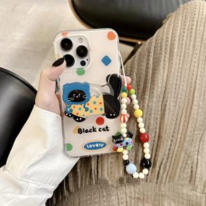 TEMU 휴대폰 케이스 - 투명 화이트 라이트 블루 헤드 커버 웨이브 도트 블랙 고양이 폰 케이스 (아이폰 11 12 13 Promax용 브래킷 및 체인 포함)