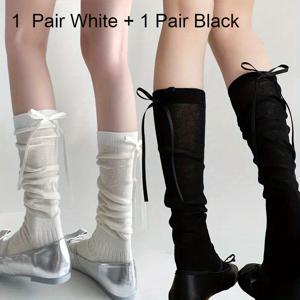 TEMU 여성용 니하이 삭스 2켤레 | 리본과 리본 장식의 발레 스타일 레그웨어 | 솔리드 블랙 앤 화이트 색상 | 귀여운 데일리 스타킹