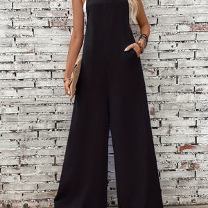 TEMU 캐주얼 단색 민소매 와이드 레그 팬츠 포켓 여성용 점프수트 캐주얼 복장 LX629