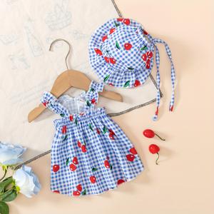 TEMU 강아지와 고양이, 체리 프린트 클래식 체크무늬 후드 강아지 드레스