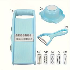 TEMU 8pcs 스테인리스 스틸 다기능 야채 슬라이싱 및 분쇄 세트, 교체 가능한 날 포함, 다양한 야채 슬라이싱에 적합, 주방용 수동 필링 도구 제공. 주방 슬라이서 세트 (핸드 가드 포함) - St