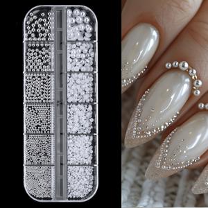 TEMU 3D 네일 아트용 하프 라운드 진주 미니 카비어 메탈 비즈 세트 (투명 라인스톤 및 화이트 진주 포함), 네일 참 주얼리 및 매니큐어 디자인 추가에 적합