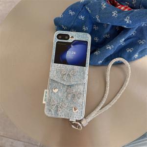 TEMU 갤럭시 Z 플립 3/4/5/6/7용 실버리 쉘 스킨감 데님 나비 카드 홀더 낙하 방지 보호 커버 휴대폰 케이스