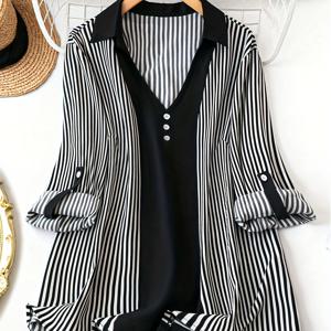 TEMU 플러스 사이즈 - 플러스 사이즈 - 플러스 사이즈 여성 컬러 블록 솔리드 셔츠, 비즈니스 출퇴근 및 외출을 위한 우아한 긴소매 V넥 블라우스