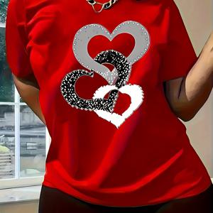 TEMU 2025 봄/여름 신상 여성용 반팔 상의, 심플하고 스타일리시한 러브 링 패턴 프린트, 활용도 높은 데일리 라운드넥 티셔츠, 서클 패턴