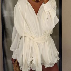 TEMU 우아한 여성 셔츠 원피스, 편안한 긴팔 루즈핏 단색 드레스, 타이 허리 디자인, 여성 원피스용 신상 가을 컬렉션