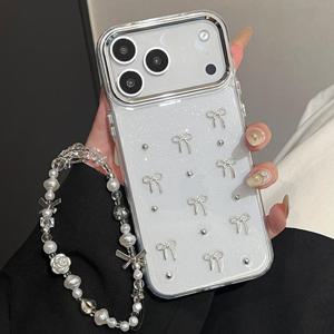 TEMU 휴대폰 케이스 - INS 글리터 3D 실버 리본 매듭 비즈 휴대폰 케이스, 아이폰 11부터 17 Pro Max, 플러스 및 에어 버전까지 호환, 추가 보호를 위한 끈 포함