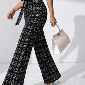 TEMU 2025 가을/겨울 여성용 새로운 우아하고 세련된 스트리트웨어 스타일, 심플하고 캐주얼한 빈티지 체크무늬와 프린트, 보타이와 레이스업 디테일, 베이직 출퇴근용, 뮤직 페스티벌, 직장, 신학기, 스트리트 파티, 격식 있는 자리, 하이웨이스트 엉덩이 리프팅 신축성 허리밴드, 하이웨이스트 플레어 레그 팬츠