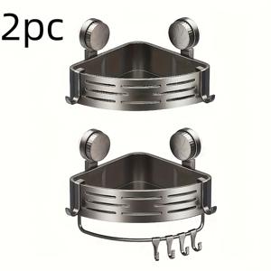 TEMU 2개 세트 회색 고강도 플라스틱 코너 벽걸이형 욕실 선반 - 드릴 불필요 흡착판, /샤워 기구 정리대, 걸이 선반 포함, 공간 절약, 세면도구, 욕조 및 샤워기 보관 가능 (접착식 설치)