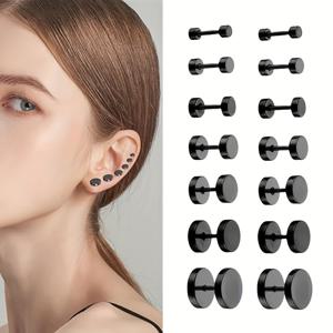 TEMU 14개 스테인리스 스틸 원형 플랫 백 스크류 피어싱 관자놀이 남녀공용 패션 귀걸이 세트 (7쌍) 블랙 4mm-10mm 관자놀이 트라구스 스파이럴 피어싱 귀걸이 세트 남녀 공용, 옷, 귀걸이, 주얼리 세트, 선물용으로 적합