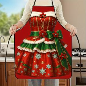TEMU 화려한 꽃, 리본, 보우, 보석, 눈송이 패턴이 있는 크리스마스 테마의 축제용 앞치마 1개. 남녀공용 프린트 앞치마로 주방 베이킹, 야외 바비큐, 페인팅, 정원 가꾸기, 헤어커팅, 매니큐어, 파티 요리, 업무용으로 적합. 2가지 사이즈 선택 가능