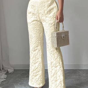 TEMU 여름/봄 여성용 화이트 자카드 와이드 레그 팬츠, 우아한 하이웨이스트 롱 트라우저, 크리스마스 파티, 새해 데이트 및 캐주얼 포멀 웨어에 적합, 텍스처 플로럴 디자인