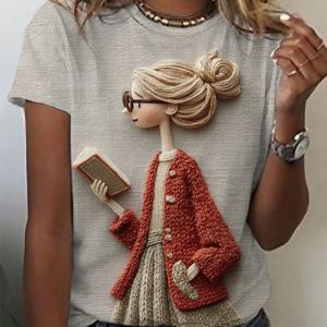 TEMU 2D 프린트 - 독서 프린트가 특징인 스타일 티셔츠, 세탁기 사용 가능, 축제 파티에 완벽, 튼튼한 원단으로 제작, 캐주얼 반팔 라운드넥 탑, 여성용 반팔 셔츠