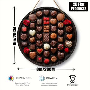 TEMU 2D 플랫 - 발렌타인데이 테마의 초콜릿과 장미가 특징인 원형 나무 장식 간판, 바, 주방, 카페, 가족실, 거실 및 사무실 장식에 적합한 플랫 2D. 홈 데코 및 축제 선물로 사용됩니다.