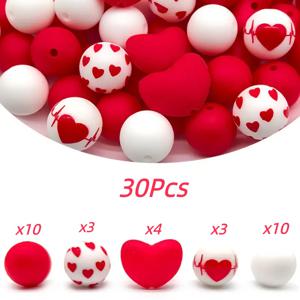 TEMU 발렌타인데이를 위한 하트 모양 실리콘 비즈 30개 - 비즈 펜, 팔찌, 목걸이, 주얼리, 일상 장식 및 휴일 선물 제작에 이상적