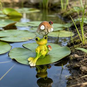TEMU 버섯 위의 재미있는 개구리 수지 장식품 1개, 정원 연못용 모조 수련 장식, 소박한 정원 조경에 완벽, 독특한 정원 애호가에게 이상적