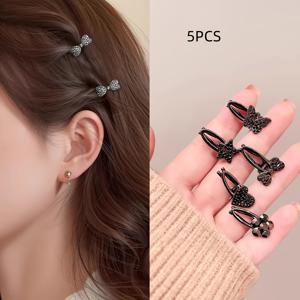 TEMU 고급 스톤 장식 소형 리본 사이드 덕빌 클립 5개 세트, 미니 앞머리 클립, 헤어 액세서리