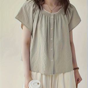 TEMU 2026 여름 신상 프렌치 스타일 빈티지 주름 레이스 라운드넥 여성용 셔츠, 우아한 캐주얼 외출복, 패셔너블한 출퇴근용 다용도 여름 돌 셔츠, 나이 감추는 반팔 상의, 피부 친화적이고 통기성 좋은 여성용 반팔 탱크탑