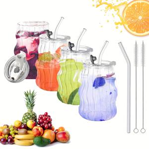 TEMU 4개 세트 모양 유리컵 세트 (뚜껑 포함), 고강도 보로실리케이트 유리제품, 아이스 커피, 주스, 라떼, 커피컵, 머그컵, 물병, 텀블러 (뚜껑 및 빨대 포함), 가정, 파티, 학교, 바, 사무실용, 특별한 사람을 위한 완벽한 선물