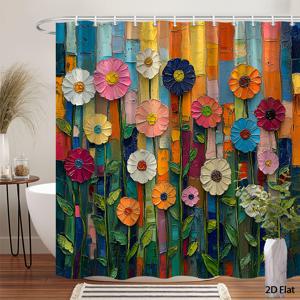 TEMU 민속 예술 꽃 샤워 커튼 1개, 장난스러운 여러 가지 색상의 꽃, 핑크 화이트 레드 오렌지 꽃잎, 초록색 잎이 많은 줄기, 기발한 질감의 붓 터치 스타일 욕실 장식 샤워 커튼, 스타일리시한 가정용 욕실 장식, 70.86x70.86인치, 후크 12개