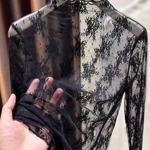 TEMU 새로운 여성용 레이스 스탠드업 칼라 레이어드 쉬어 메쉬 긴팔 이너 탑, 솔리드 컬러 우아한 봄/여름 스타일