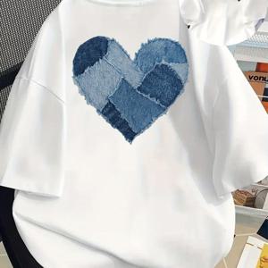 TEMU 프론트 & 백 프린팅 반팔 티셔츠 - 데님 패치워크 하트 디자인, 데님 소재 - 여성용 봄/여름 트렌디 프린팅 티셔츠, 패셔너블 아이템, 다용도 캐주얼 웨어