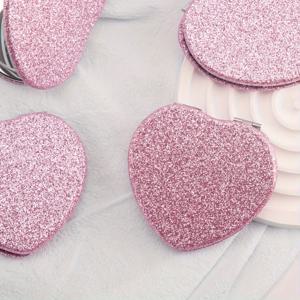 TEMU 1개 핑크 글리터 하트 모양 휴대용 메이크업 거울, 광택 메탈 프레임, 벽걸이 가능, 확대경 표면, 캐릭터 테마, 무향, 전원이나 배터리 필요 없음
