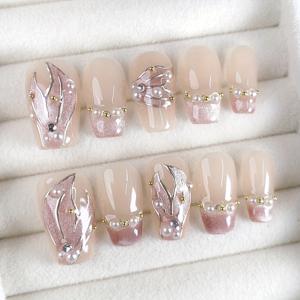 TEMU 10개입 짧은 코핀 스타일의 고급스럽고 우아한 수제 인조 손톱, 라이트 럭셔리, 손으로 그린 인어, 데일리, 직장, 데이트, 대학, 파티, 댄스에 적합, 탈착 및 재사용 가능, 패키지 내용: 젤리 접착제 1개, 네일 파일 1개