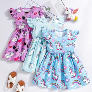 TEMU 세트 3개 소녀 귀여운 유니콘 프린트 휴가 드레스, 편안하고 시원한 여름 드레스, 일상적인 외출용