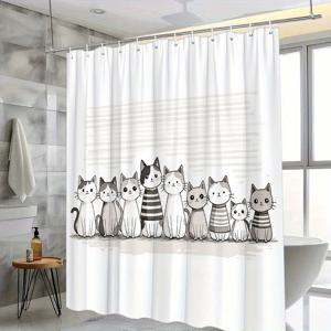 TEMU 1개 스웨터와 장난기 넘치는 특징을 가진 8마리의 독특한 만화 고양이 디지털 드로잉, 가벼운 유쾌한 스타일의 욕실 장식, 70.8x70.8인치, 12개의 후크 포함