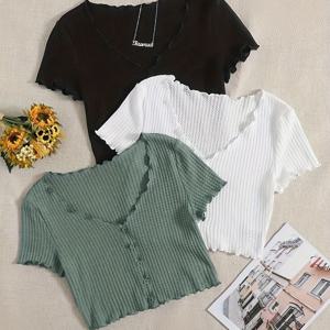 TEMU 2.7 디렉셔널 우드 이어 엣지 와플 V넥 크롭 탑 3피스 세트