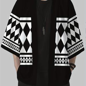 TEMU 세련된 일본 기모노 가디건 - 100% 소재, 젊은 기하학 패턴, 오픈 프론트 디자인, 투스드 길이 소매, 우븐 원단, 버튼 없는 숄 탑