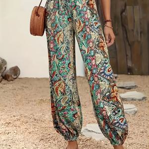 TEMU 여성용 우아한 페이즐리 프린트 와이드 레그 하렘 팬츠 - 화려한 멀티컬러 플로럴 디자인, 루즈핏 논스트레치 기계 세탁 가능 바지, 봄 여름 가을 캐주얼 & 반정장 스타일링, 시크 패션, 편안한 소재, 다목적 하의, 통기성 좋은 원단, 성인 여성용
