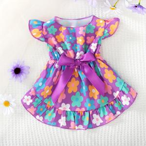 TEMU 봄/여름 귀여운 애완 고양이 & 강아지 여름 신선한 드레스, 작은 날개 소매와 3D 리본, 하단에 사랑스러운 투명한 작은 주름이 특징입니다.