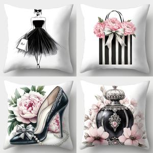 TEMU 2D 플랫 - 패셔너블한 테마를 특징으로 하는 2D 플랫 디자인의 프린트 베개 커버 4개입. 스타일리시한 여성, 쇼핑백, 하이힐, 향수병이 포함되어 있습니다. 일상적인 모임, 축제 행사, 홈 데코에 적합합니다.