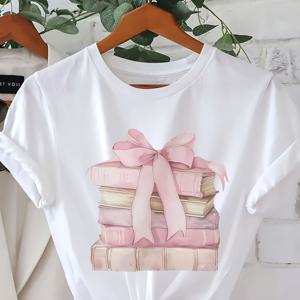 TEMU 여성용 반팔 티셔츠, 패셔너블 북 스태킹 보우 패턴 프린트, 부드러운 폴리에스터 혼방 소재, 라운드넥 캐주얼 봄/여름 상의